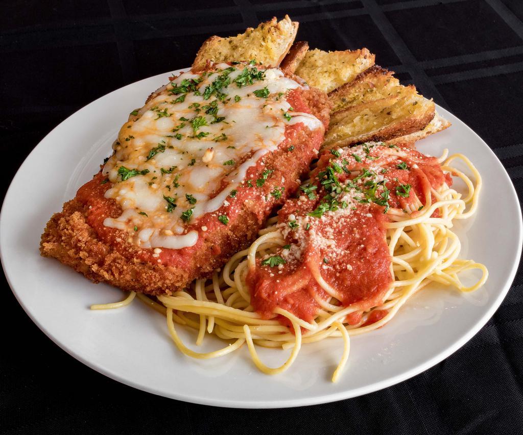 Chicken Parmigiana  · Our breaded chicken cutlet, specially seasoned and topped with marinara sauce and mozzarella cheese and. Baked and served with a side of spaghetti and garlic bread.