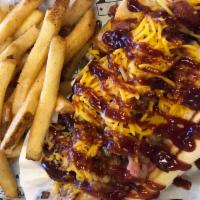 Hawaiian Dog Combo · Grilled 100% certified angus beef hot dog topped with grilled bacon, shredded cheese, grille...