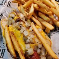 LA Dog · Deep fried bacon wrapped 100% certified angus beef hot dog topped with chili cheese fries an...