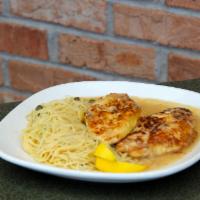 Chicken Limone · Chicken breast sauteed with capers and lemon. Served in a light butter sauce with spaghetti.