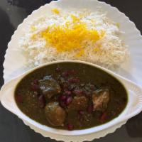 Ghormeh Sabzi Stew w/ Basmati Rice · stew with parsley, cilantro, chives, kidney beans, & mixed herbs, Served with basmati rice 