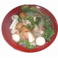 House Noodle Soup  · Noodle soup with pork, meatball, liver, shrimp, fish, lettuce, bean sprouts, onion, and cila...