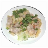 Steamed Dumplings  · Steamed dumplings stuffed with ground pork and shrimp. Garnished with Green onion , Chives  ...