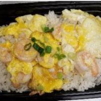 Shrimp and Scramble Egg  · Panfried shrimp, egg, and white served over white rice and steamed vegetables.