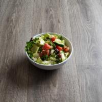 Greek Salad · Lettuce, tomatoes, cucumbers, spices, olive oil, feta cheese, green onions and olives.