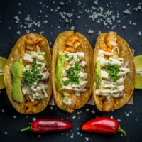 Fish Tacos · Organic corn tortilla filled with sautéed wild-caught cod, topped with cabbage,
bell pepper,...