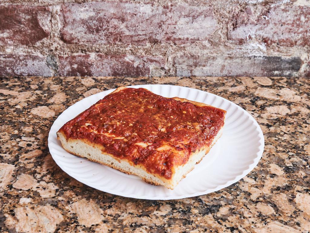 Marinara Square Pizza · Fresh mozzarella, marinara sauce, grated Parmesan, and extra virgin olive oil.