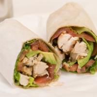 Grilled Chicken Wrap · Grilled Chicken, Romaine Lettuce, Tomatoes, Avocado & Chipotle mayo.