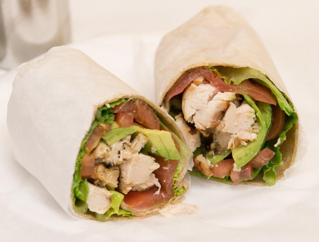 Grilled Chicken Wrap · Grilled Chicken, Romaine Lettuce, Tomatoes, Avocado & Chipotle mayo.