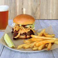 Pimento Cheeseburger · Grilled Angus beef burger topped with pimento cheese & piled high with candied bacon, chipot...