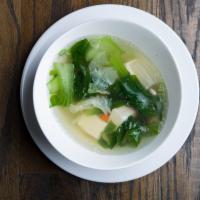 SP5. Tofu Soup · Vegetable, tofu in clear vegetable broth, fried garlic scallion, and cilantro