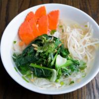 N1. Vegetable Noodles Soup · Thin rice noodles in clear soup with vegetable dumplings, mix vegetables, cilantro, and garl...