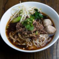 N5. Beef Noodles Soup · Thin rice noodles in dark broth, Chinese broccoli, bean sprouts, celery, scallion, cilantro,...