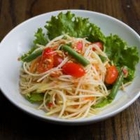 S5. Som Tam Salad · Shredded green papaya, carrot, green bean, tomatoes, and peanut with lime juice dressing. Sp...