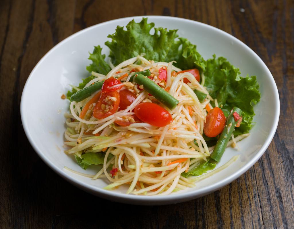 S5. Som Tam Salad · Shredded green papaya, carrot, green bean, tomatoes, and peanut with lime juice dressing. Spicy