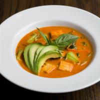 V4. Avocado Curry · Fresh avocado in red curry sauce with mix vegetables, tofu, bamboo shoot, and bell pepper se...