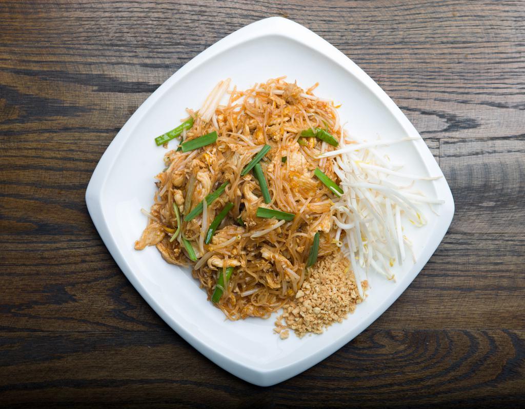 P1. Pad Thai · Traditional Thai dish of stir-fried thin rice noodle with egg, bean sprouts, scallion, bean curd, and crushed peanut.