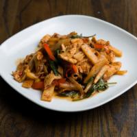 B6. Spicy Bamboo · Sauteed with garlic, chili paste, bamboo shoot, basil, and bell pepper in homemade sauce.