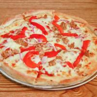 Nafplio Pizza · Italian sausage, red onions and roasted sweet red peppers.