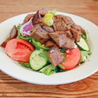 Gyro Greek Salad · Gyro meat, freshly cut romaine, tomato, cucumber, red onion, bell pepper, pepperoncini peppe...