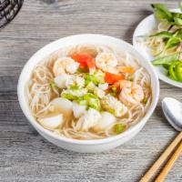 12. Seafood Noodle Soup · Shrimp, fish, imitation crab meat, fish balls, squid.