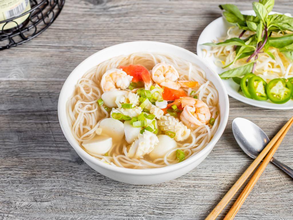 12. Seafood Noodle Soup · Shrimp, fish, imitation crab meat, fish balls, squid.