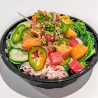 1. Ahi Tuna and Salmon · Includes ahi-tuna and salmon.
seaweed salad, imitation crab, cucumber, corn, white onions, J...