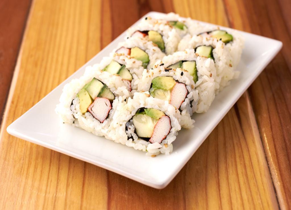 California Roll · Inside - crab meat, avocado, cucumber.
Topped - sesame seeds.