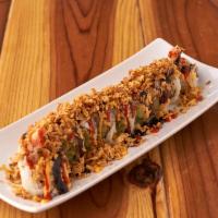 Spicy Crunch Roll · Inside - tempura shrimp, crab salad, avocado, 
topped - spicy mayo,sushi sauce, sriracha, fr...