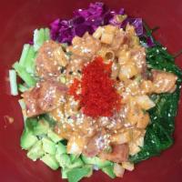 Spicy Poke Bowl · Rice, Chopped Fresh Tuna, seaweed salad, sesame oil, red cabbage, Avocado, Cucumber, tobiko,...