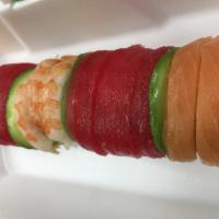 Rainbow roll · avocado,cucumber, crab meat.   Topped- tuna,salmon, shrimp, avocado.