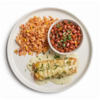 2 Enchiladas- 810 CAL. · All white meat enchiladas hand rolled in corn tortillas with our housemade tomatillo sour cr...