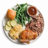 Brisket Combo Plate · 1/4 lb. pulled brisket and a 1/4 chicken (choice of white or dark). Served with 2 sides and ...