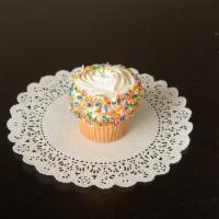 Vanilla Cupcake · Cupcake with buttercream and sprinkles.