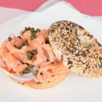 Smoked Salmon Sandwich · Smoked salmon, capers, onions, tomatoes and jalapeno cream cheese.