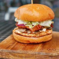 Salmon Bacon Cheese-Burger · Goat cheese, mushrooms, bacon, balsamic mayo, lettuce, tomato, red onion. Gluten friendly. G...