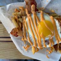 Bacon, Egg and Fries · Gravy fries, bacon, over easy egg and spicy mayo.