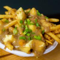 Poutine · fries topped with Wainright Dairy Fresh Cheddar Curds, Housemade Gravy, Scallions