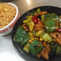 Kung Pao Beef · Sliced beef with diced celery, green onions, green pepper, water chestnuts and peanuts saute...