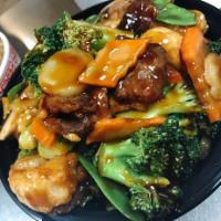 Triple Delight · Jumbo shrimp, white meat chicken and tender beef sauteed with broccoli, baby corn, mushroom ...