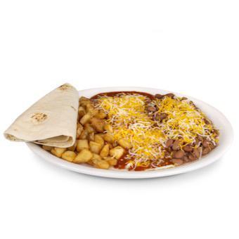 (Huevo Rancheros) · Served with pan fried potatoes, slow cooked pinto beans, 2 eggs of choice, red or green chile, cheese and a side tortilla. 1160-1180 calories.