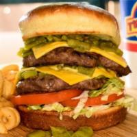 (RENEGADE Burger) · Grilled bun, 2 X chopped green chile,2 X  cheese, lettuce, tomato, pickles, mustard and ketc...