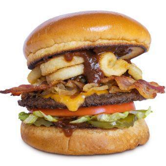 (Outlaw BBQ Bacon Cheese Burger) · grilled buns, seranno, chipotle honey BBQ Sauce, pickles, lettuce, tomato, Burger patty,carmalized onions,cheese slice, bacons, curly fries