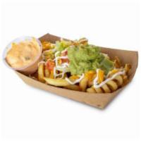 (Dynomite Fries) · Curly fries, Queso, Garnish, Ranch, Guac, side of Scorpion Ranch