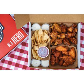 Wings Hero Box: Wings & Large Fries · 24 Bone-in / 40 Boneless Wings with a choice of 3 sauces Buffalo, Honey Chipotle, Garlic Parmesan along with large fries.
