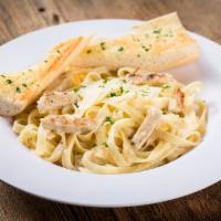 Fettuccine Alfredo with Grilled Chicken · Serves one to two. Fettuccine noodles and tender grilled chicken tossed in a rich, creamy al...