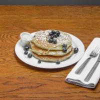 *#99. Blueberry Pancakes - Special · Served with 2 eggs, sausage patty, home fries, warn apples and toast.