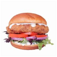 Chicken Run Ranch · Crispy, battered made-with-plants chicken, ranch dressing, lettuce, red onions and sliced to...