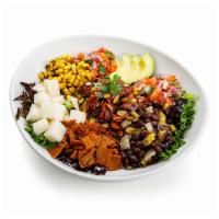 BBQ Chicken Salad · BBQ made-with-plants chicken with seitan bacon, roasted corn, organic black beans, jicama, s...
