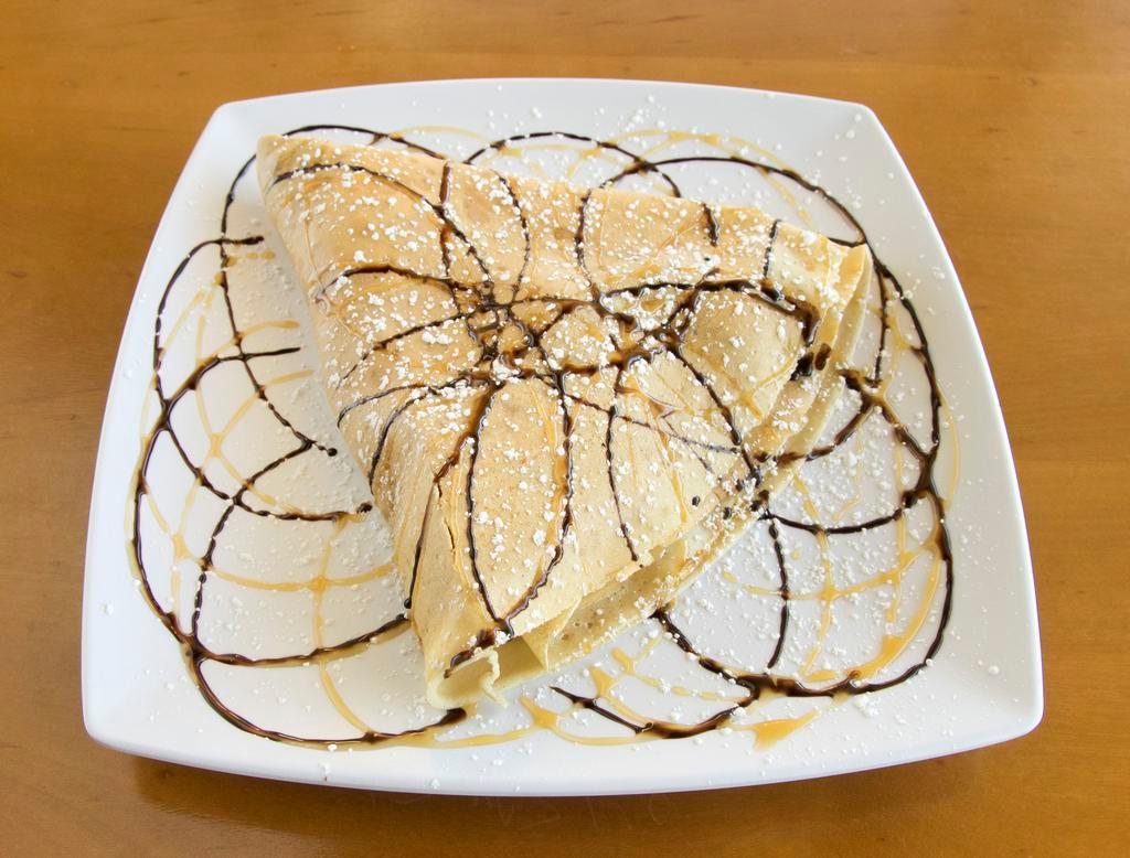 Hue's Coffee Crepe (Cookies butter) · Cookies crumbs, cookies spread, homemade whipped cream,chocolate sauce,caramel sauce, powder sugar 